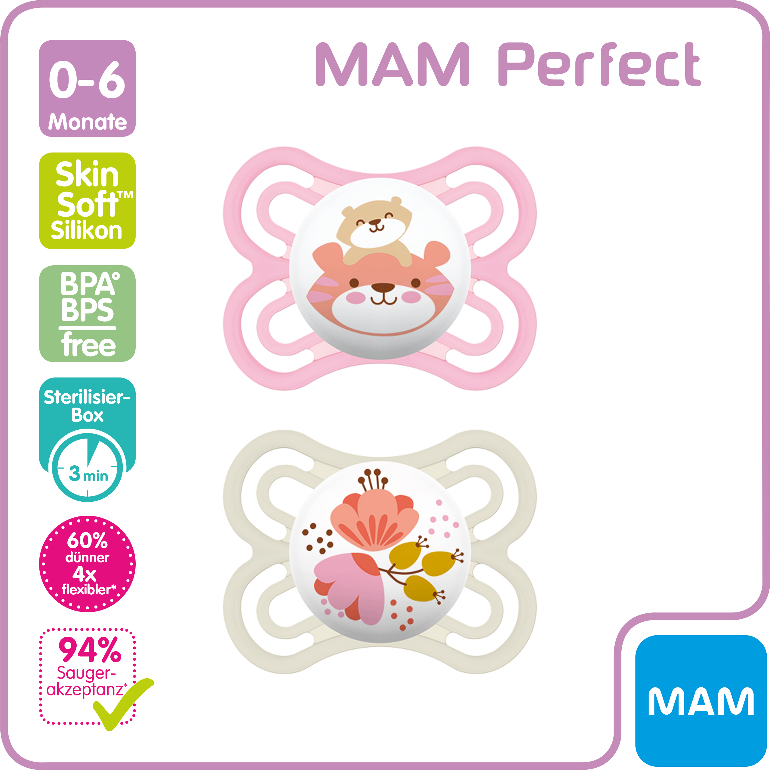 MAM Perfect Silikonschnuller für Babys von 0-6 Monaten, Duopack
