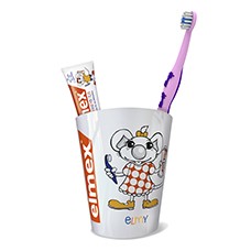 Zahnputzbecher mit elmex Lern-Zahnbürste und einer 12ml Tube elmex Kinder-Zahnpasta